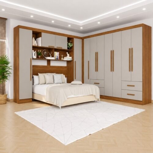Modulado Apolo Premium + Modulado de Canto Fortaleza + Guarda-roupa Texas Premium 6 Portas Cinamomo/Off - Sallêto