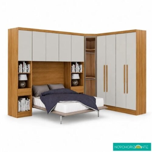 Modulado Casal Cumaru/Fendi Fosco 1 Guarda-Roupa Rizon New 4 Pts + 2 Criado Rizon + 1 Canto Oblíquo Rizon C/Porta de Vidro + 1 Aéreo 3 portas Rizon - Novo Horizonte