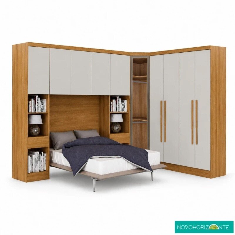 Modulado Casal Cumaru/Fendi Fosco 1 Guarda-Roupa Rizon New 4 Pts + 2 Criado Rizon + 1 Canto Oblíquo Rizon C/Porta de Vidro + 1 Aéreo 3 portas Rizon - Novo Horizonte