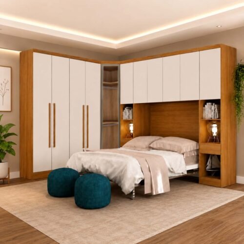 Modulado Queen Cumaru/Fendi Fosco 1 Guarda-Roupa Rizon New 4 Pts + 2 Criado Rizon + 1 Canto Oblíquo Rizon C/Porta de Vidro + 1 Aéreo 4 portas Rizon - Novo Horizonte