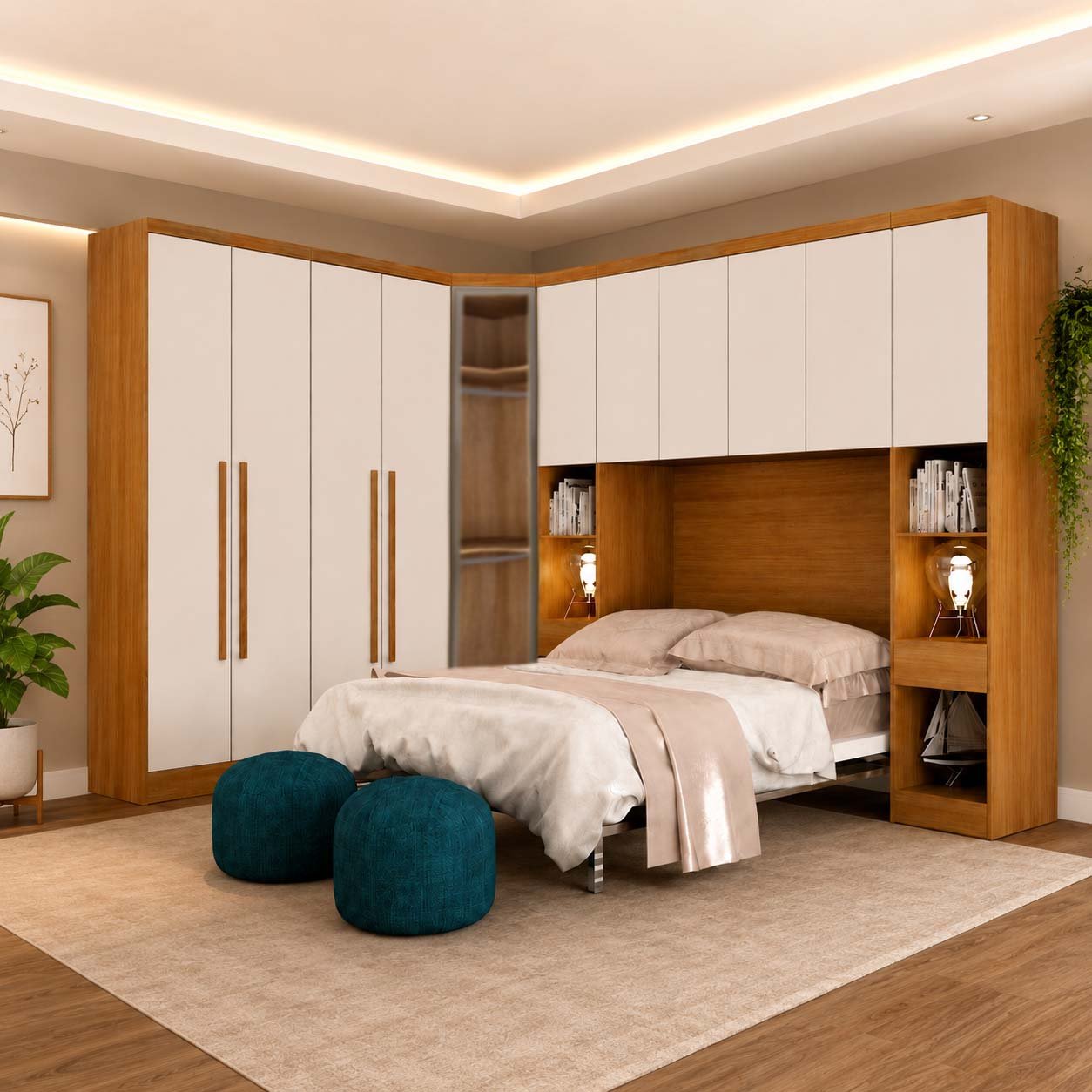 Modulado Queen Cumaru/Fendi Fosco 1 Guarda-Roupa Rizon New 4 Pts + 2 Criado Rizon + 1 Canto Oblíquo Rizon C/Porta de Vidro + 1 Aéreo 4 portas Rizon - Novo Horizonte