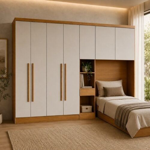 Modulado Solteiro Cumaru/Fendi Fosco 1 Roupeiro Rizon 4 Pts + 1 Criado Rizon + 1 Aéreo 2 portas Rizon - Novo Horizonte
