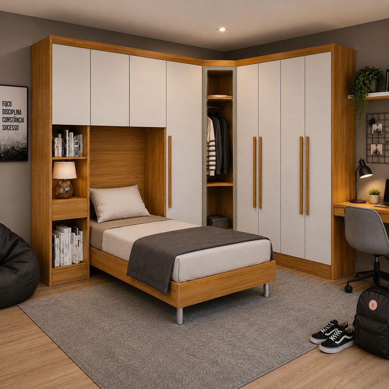 Guarda roupa Solteiro Cumaru/Fendi Fosco 1 Guarda-roupa Rizon 4 Pts + 1 Criado Rizon + 1 Canto Oblíquo Rizon C/Porta de Vidro + 1 Modulado Rizon 1 Porta + 1 Aéreo 2 portas Rizon - Novo Horizonte