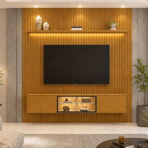 Painel Nobre Larg. 1.85m Naturale Ripado + Nicho Larg. 1.51m Luminare Naturale C/Led para TV até 75" - Gelius