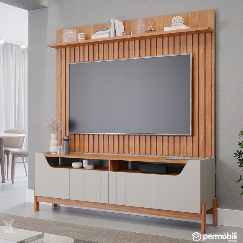 Bancada Moema Larg. 1.85m Off/Cinamomo + Painel Trend Ripado Larg. 1.80m Cinamomo 100% MDF - Permóbili
