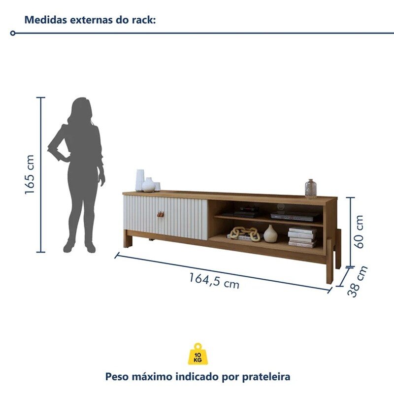 Rack Bancada Ouro Preto Larg. 1.64m Cinamomo/Off C/Detalhe Frisado para TV até 65" - Valdemóveis - Imagem 4