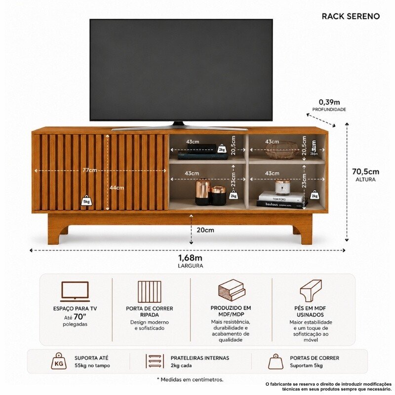 Rack Sereno 1.68m Cinamomo/Off C/Porta Ripada para TV até 70" - JCM - Imagem 5