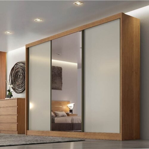 Guarda-roupa Casal Diamond Plus Cumaru/Fendi Fosco 3 Portas 8 Gavetas C/ 1 Espelho 100% MDF Larg. 2.41m - Novo Horizonte