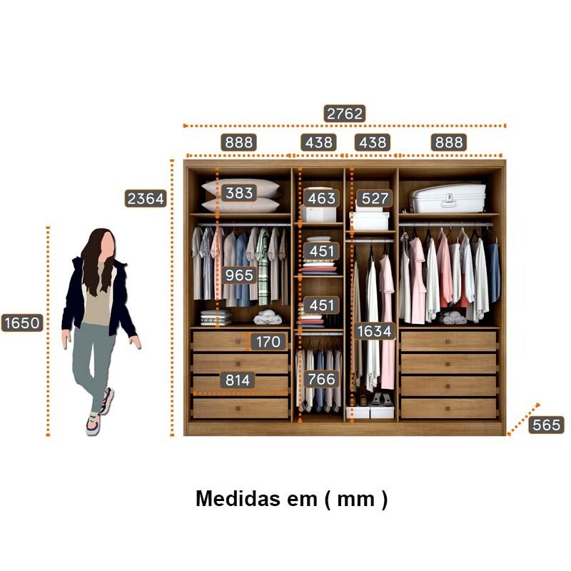 Guarda-roupa Casal Robust Plus Cumaru/Fendi Fosco 6 Portas 8 Gavetas 100% MDF Larg. 2.76m - Novo Horizonte - Imagem 3