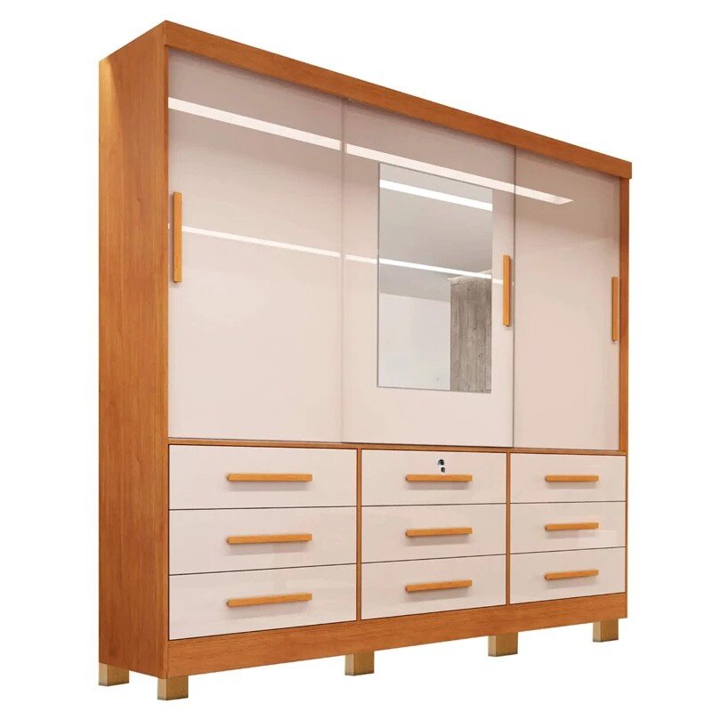 Combo - Guarda-roupa Athenas 3 Portas Nature/Off C/Espelho e Pés Larg. 1.80m Bianchi + Unibox Box Casal Ortopédico D33 Rondoconfort | Suporta até 300kg - Imagem 2