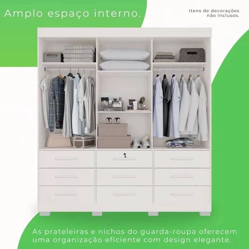 Guarda-roupa Athenas 3 Portas Branco C/ Espelho e Pés Larg. 1.80m - Bianchi - Imagem 2