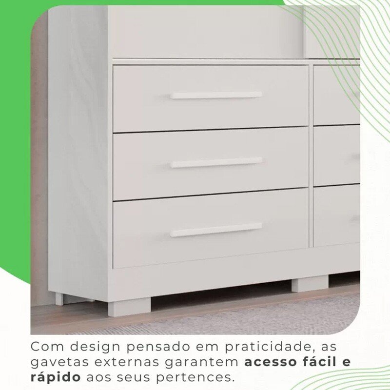 Guarda-roupa Athenas 3 Portas Branco C/ Espelho e Pés Larg. 1.80m - Bianchi - Imagem 3