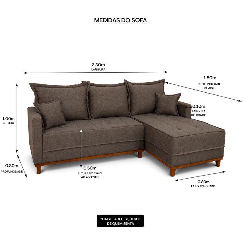 Sofá 3 Lugares Milão 2.30m C/Chaise Lado Esquerdo Linho Marrom 1007 - Molas Ensacadas - Imagem 6