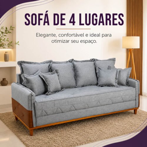 Sofá 4 Lugares Living Luca 2.10m Linho Cinza C/ Detalhe - Molas Bonnel