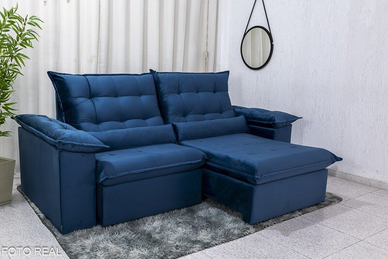 Sofá Retrátil Reclinável Emanuelly 2.30m Veludo Azul - Imagem 2