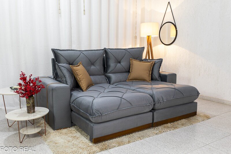 Sofá Retrátil Reclinável Gran Bello 2.50m Veludo Cinza 20 - Molas Ensacadas Pocket
