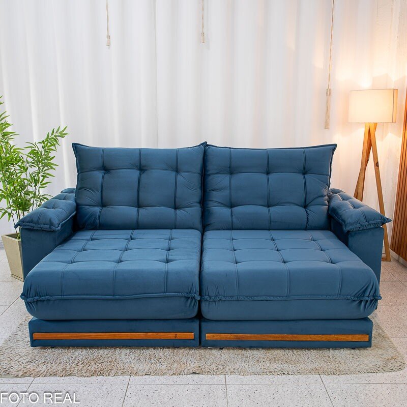 Sofá Retrátil Reclinável Barcelona 2.30m Veludo Azul 325 - D33 e Molas Ensacadas - Imagem 2