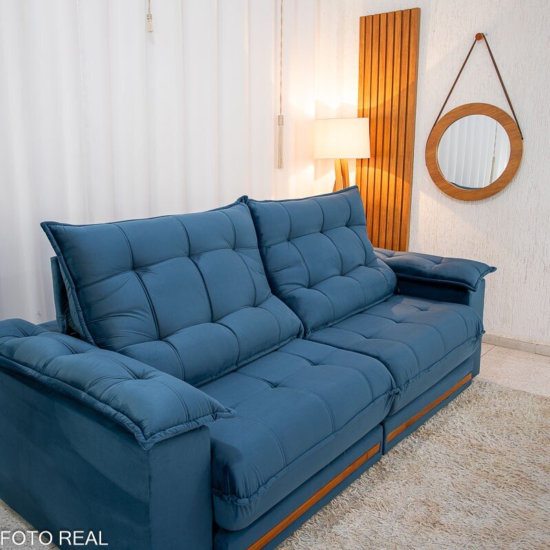 Sofá Retrátil Reclinável Barcelona 2.30m Veludo Azul 325 - D33 e Molas Ensacadas - Imagem 6