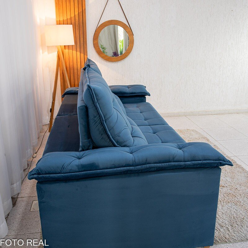 Sofá Retrátil Reclinável Barcelona 2.30m Veludo Azul 325 - D33 e Molas Ensacadas - Imagem 8