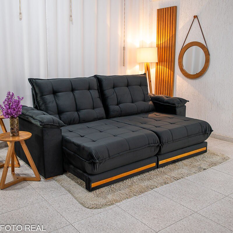 Sofá Retrátil Reclinável Barcelona 2.30m Veludo Preto 322 - D33 e Molas Ensacadas - Imagem 2