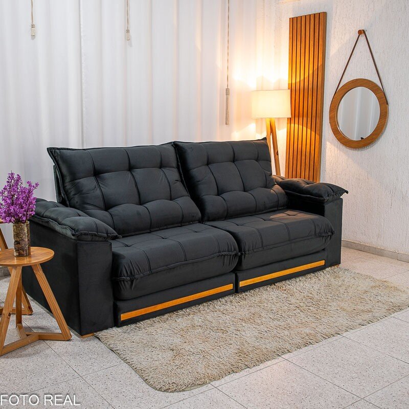 Sofá Retrátil Reclinável Barcelona 2.30m Veludo Preto 322 - D33 e Molas Ensacadas - Imagem 3