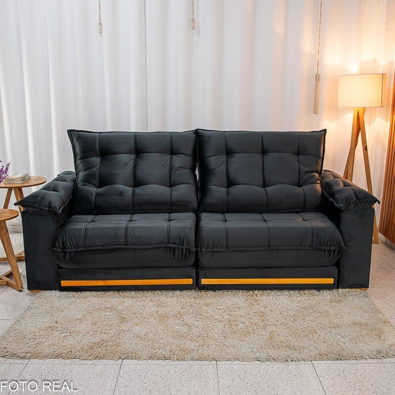 Sofá Retrátil Reclinável Barcelona 2.30m Veludo Preto 322 - D33 e Molas Ensacadas - Imagem 5