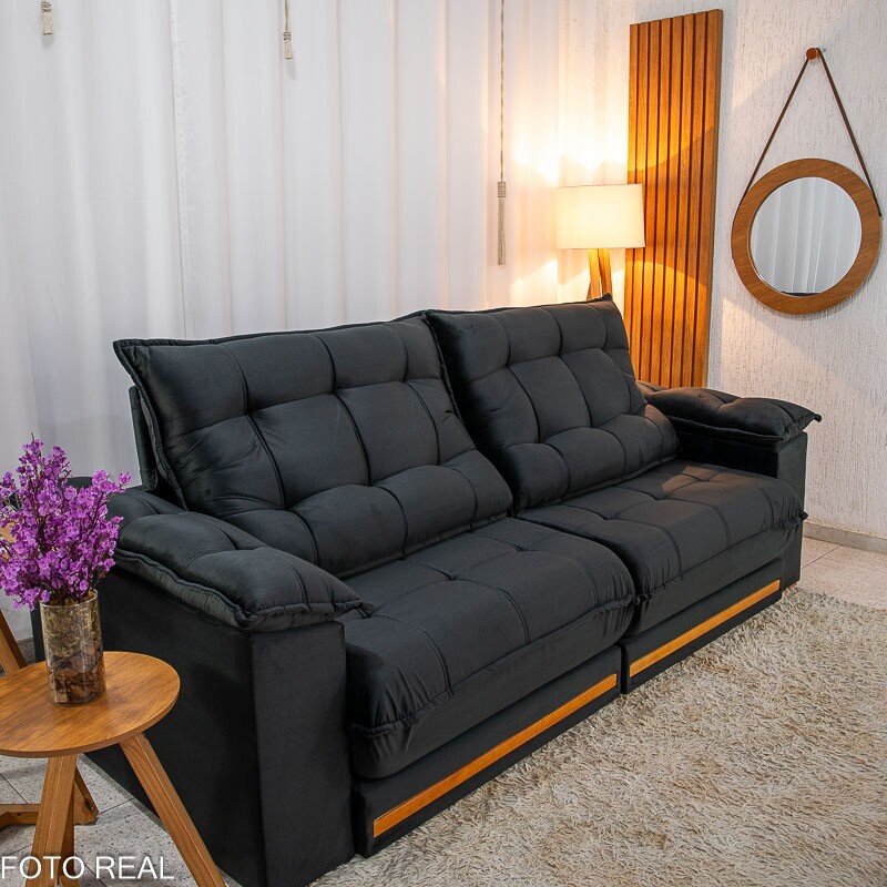 Sofá Retrátil Reclinável Barcelona 2.30m Veludo Preto 322 - D33 e Molas Ensacadas - Imagem 6