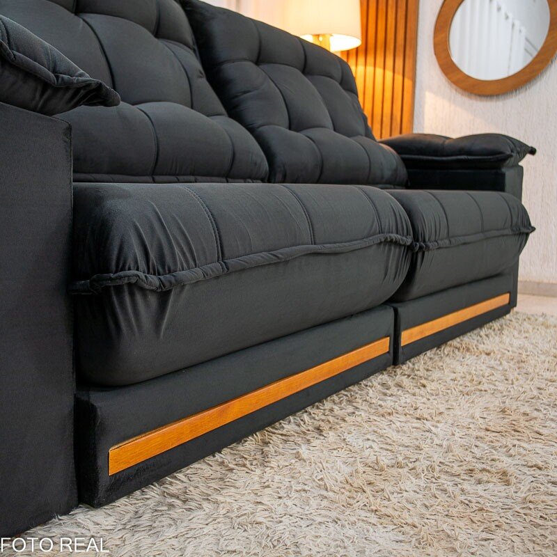 Sofá Retrátil Reclinável Barcelona 2.30m Veludo Preto 322 - D33 e Molas Ensacadas - Imagem 7