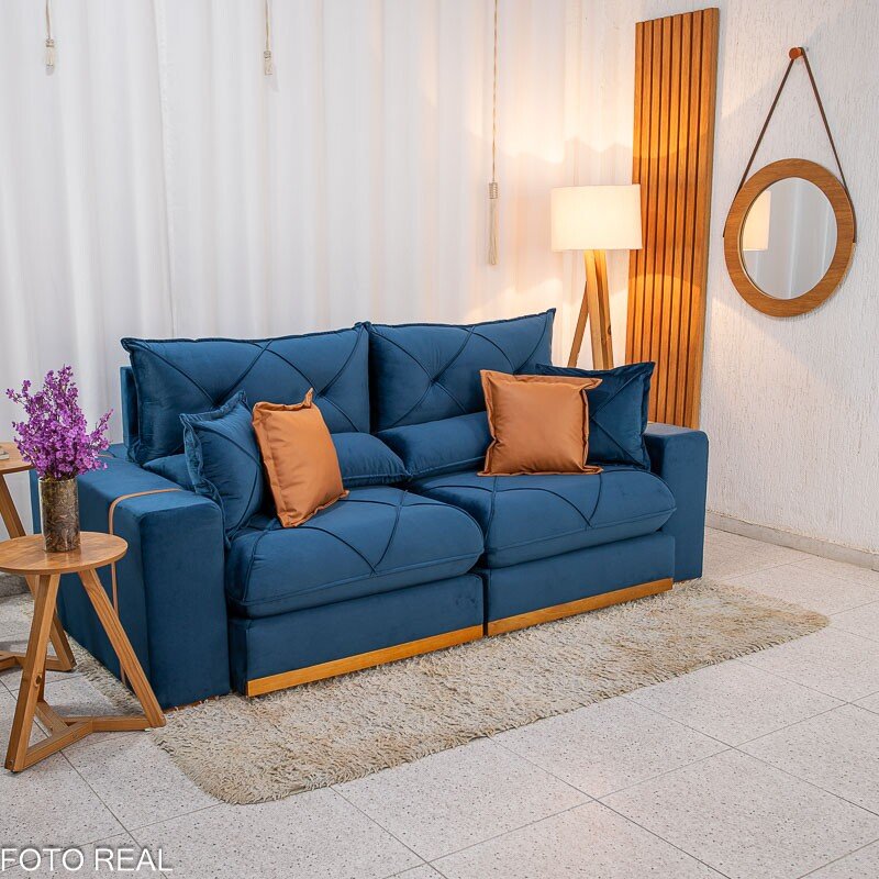 Sofá Retrátil Reclinável Gran Bello 2.30m Veludo Azul 03 - Molas Ensacadas Pocket - Imagem 3