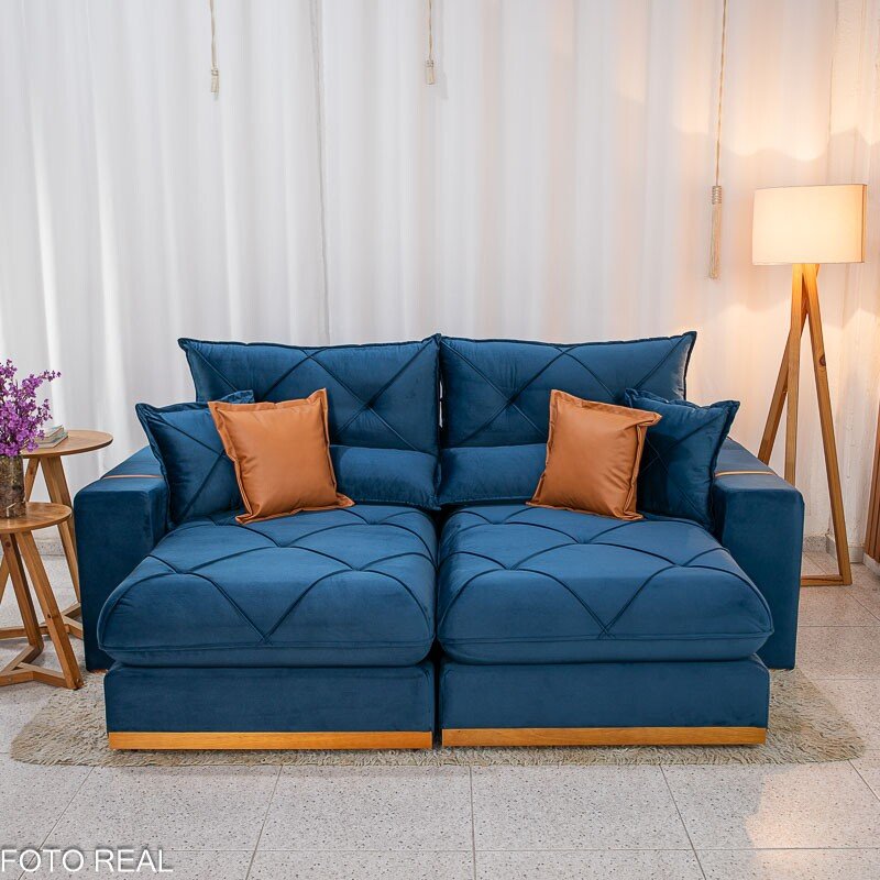 Sofá Retrátil Reclinável Gran Bello 2.30m Veludo Azul 03 - Molas Ensacadas Pocket - Imagem 4