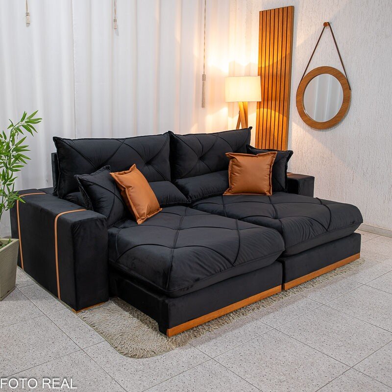 Sofá Retrátil Reclinável Gran Bello 2.50m Veludo Preto 21 - Molas Ensacadas Pocket