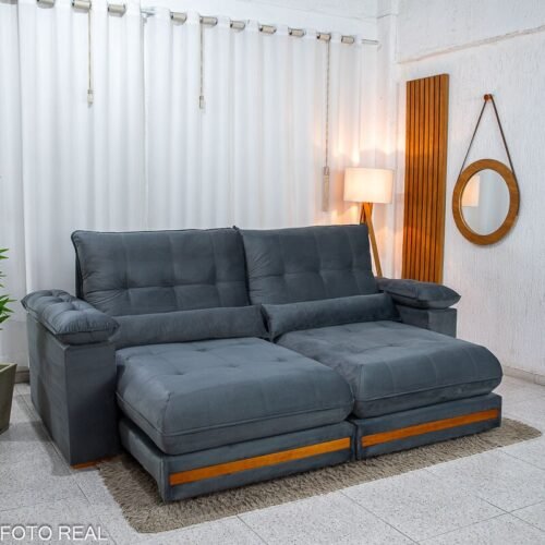 Sofá Retrátil Reclinável Gran Master 2.30m Veludo Cinza - D33 e Molas Ensacadas