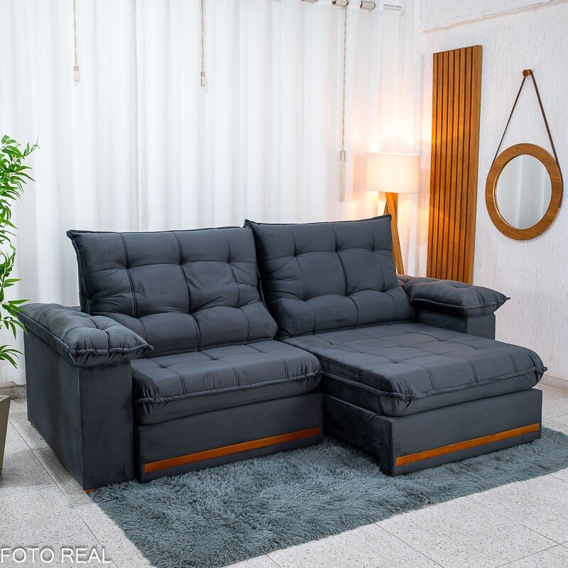 Sofá Retrátil Reclinável Mariana 2.50m Veludo Chumbo 330 - D33 e Molas Ensacadas - Imagem 4