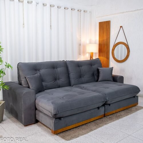 Sofá Retrátil Reclinável Ruah 2.90m Veludo Chumbo 4053 - Molas Ensacadas