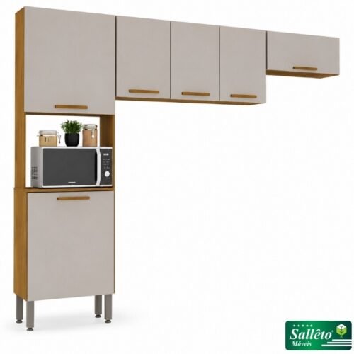 Torre Quente Cozinha New Valência + Aéreo Triplo 3 Portas 1.20m + Aéreo Geladeira New Valência Cinamomo/Off - Sallêto