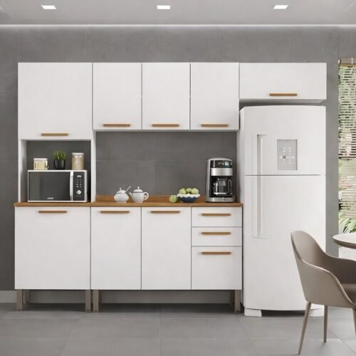 Torre Quente Cozinha New Valência Branco/Cinamomo + Balcão New Valência Branco/Cinamomo + Aéreo Triplo New Valência Branco/Cinamomo 1.20m + Armário de geladeira New Valência Branco/Cinamomo - Sallêto
