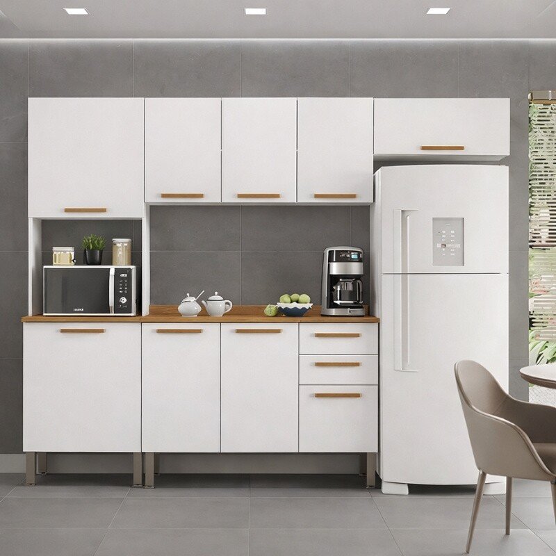 Torre Quente Cozinha New Valência Branco/Cinamomo + Balcão New Valência Branco/Cinamomo + Aéreo Triplo New Valência Branco/Cinamomo 1.20m + Armário de geladeira New Valência Branco/Cinamomo - Sallêto