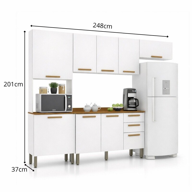 Torre Quente Cozinha New Valência Branco/Cinamomo + Balcão New Valência Branco/Cinamomo + Aéreo Triplo New Valência Branco/Cinamomo 1.20m + Armário de geladeira New Valência Branco/Cinamomo - Sallêto - Imagem 5