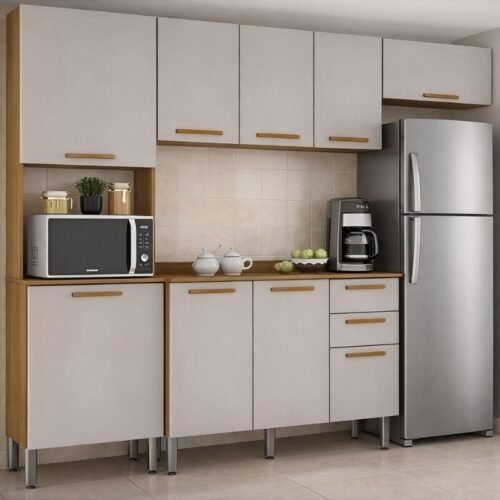Torre Quente Cozinha New Valência + Balcão 1.20m + Aéreo Triplo 3 Portas 1.20m + Armário de geladeira New Valência Cinamomo/Off - Sallêto
